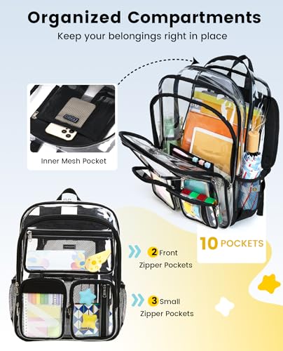 Large Transparent Backpack for Girls & Boys - Clear Bookbag with 10 Pockets, Black