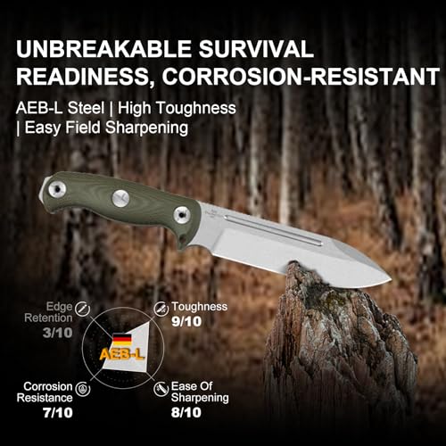 Green Fixed Blade Survival Knife with Sheath - 7-inch AEB-L Steel, Hammer Pommel