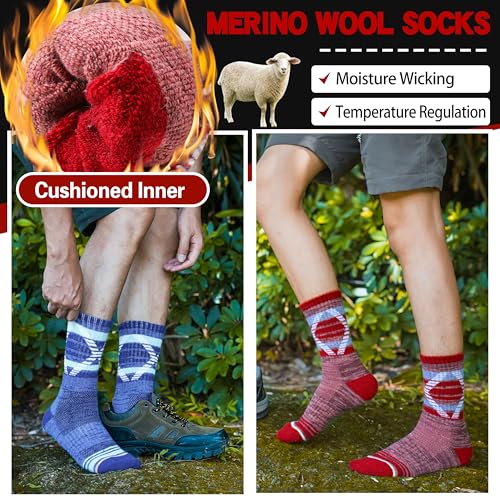 Welwoos Merino Wool Thermal Hiking Socks Large Assorted Square Stripes - Warm Moisture Wicking Outdoor Socks for Men & Women