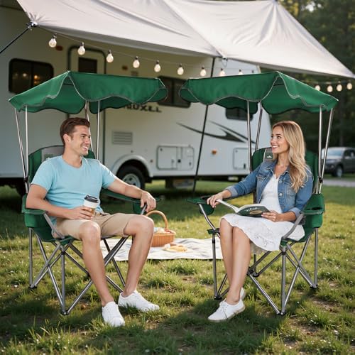 Northroad Green Folding Camping Chair with Canopy & Cup Holders Outdoor Portable Lounger