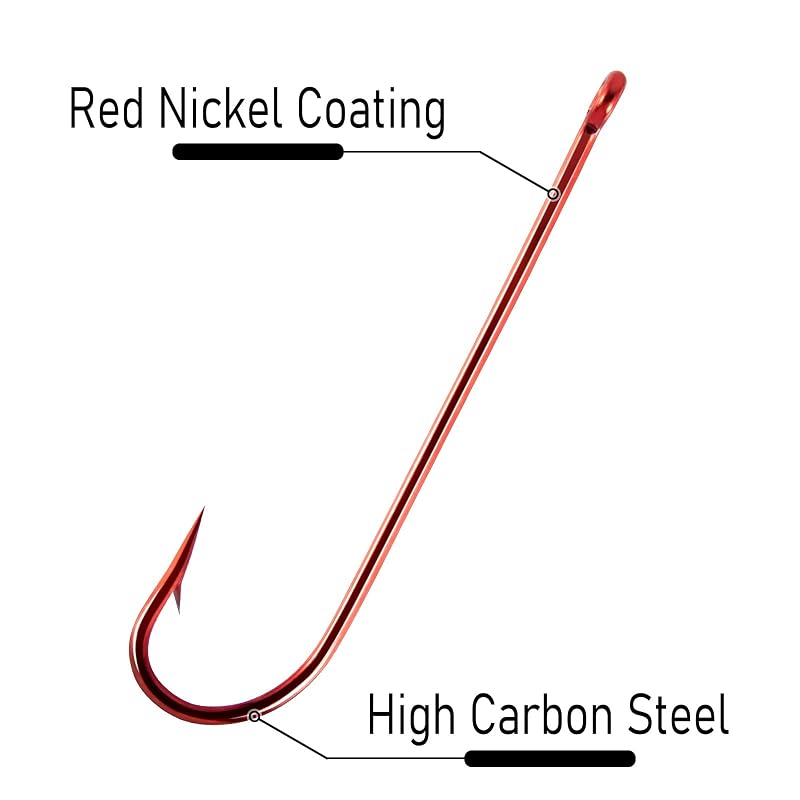 Dr.Fish 1/0-100 Pack Red Aberdeen Hooks - Extra Long Shank, Light Wire, Freshwater Bass Crappie