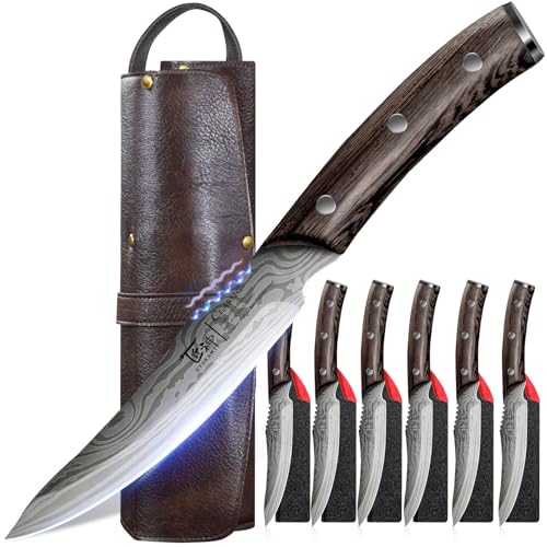 SYOKAMI Steak Knife Set of 6 - Portable Leather Roll & Sheaths, Non-Serrated Edges