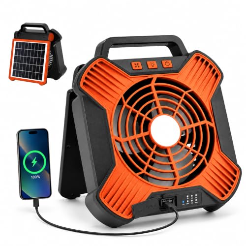 Portable Solar Powered Fan with Rechargeable Battery & LED Light - Black & Orange