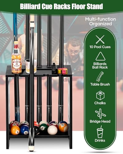 Pool Cue Holder Floor Stand Solid Wood Black - Holds 10 Cues & Accessories