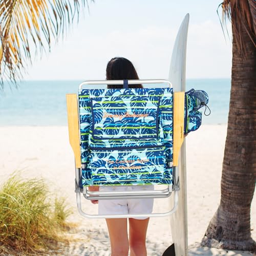 Tommy Bahama 2-Pack Blue Tropical Leaves Beach Chairs - 4-Position Reclining, Lightweight Folding with Backpack Straps