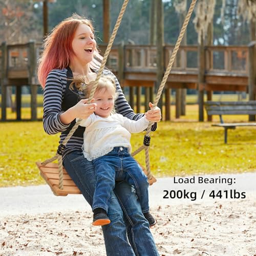 Beige Wooden Tree Swing for Adults & Kids - 22.8 x 9.8 x 0.6 inches, 440lb Capacity, Adjustable Rope, Indoor & Outdoor Use