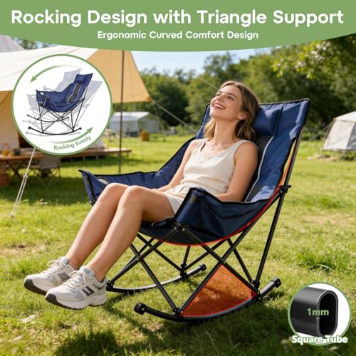 Suteck Navy Blue Oversized Rocking Camping Chair with Padded Seat & Cup Holder