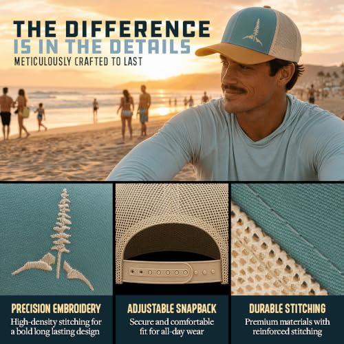 Larix Tamarack Mountain Mesh Snapback Trucker Hat Men Light Blue Amber Gold Beige - 2