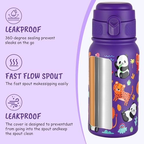 Kids Insulated Water Bottle 12oz Leakproof Drink Container - Purple 350ml
