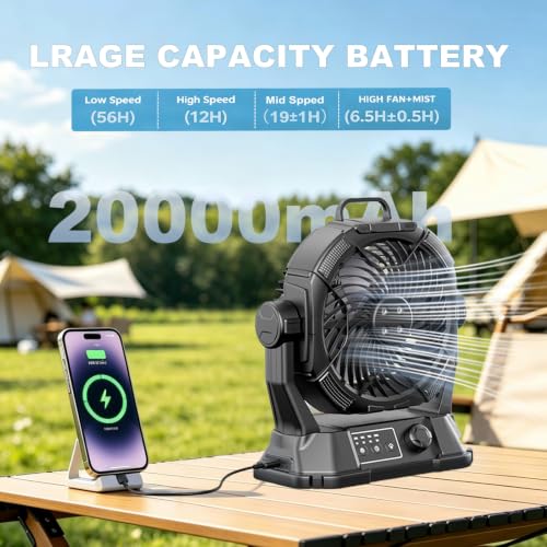 Brightpik Black Portable Misting Fan with 6L Bucket, 20,000mAh Battery, Stepless Speed, Timer & Rotating Hook