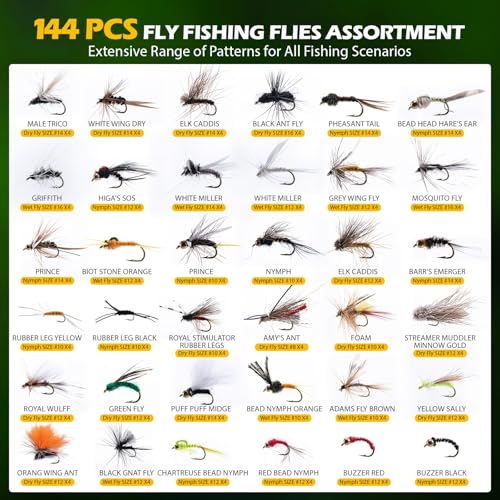 Goture 144PCS Fly Fishing Flies Assortment Kit with Wooden Fly Box D1