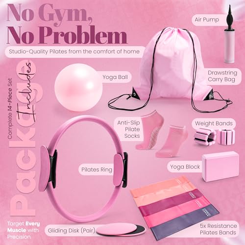 14-Piece Pink Pilates Equipment Set for Home Workout & Fitness