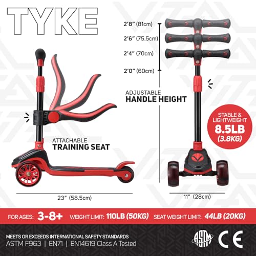 Vital Tyke 3 Wheel Toddler Scooter with LED Wheels - Foldable, Adjustable Handlebar & Removable Seat for Kids 3-7, Up to 110lbs - Red