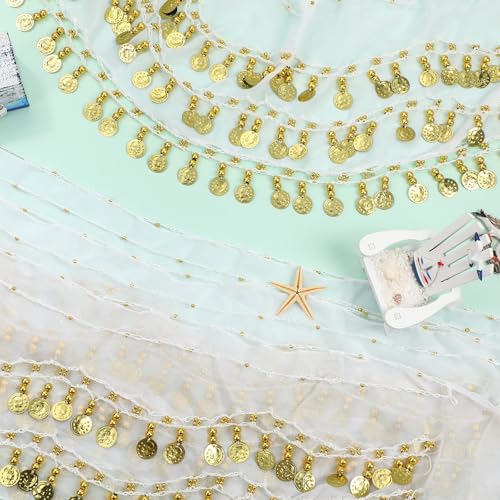 White Belly Dance Hip Scarf with Gold Coins - 24 Pieces Costume Accessories