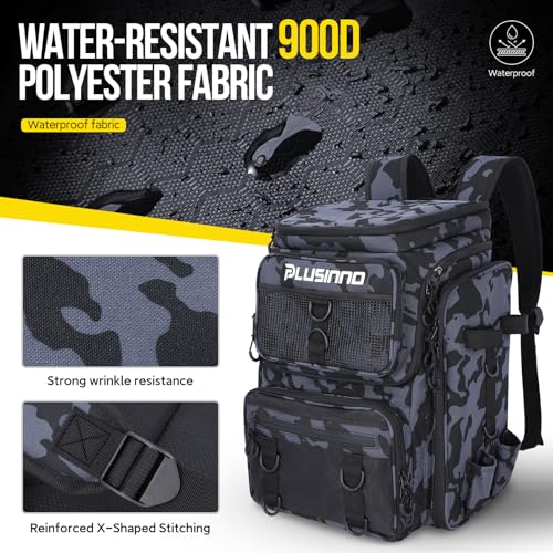 PLUSINNO Waterproof Fishing Backpack with Rod Holders - 42L Tackle Storage, Camouflage Black
