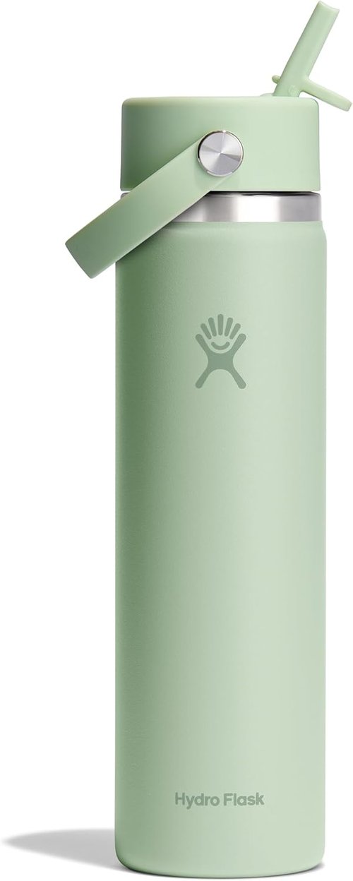 Hydro Flask Water Bottle - Insulated Stainless Steel - 24 Oz Aloe Green with Wide Mouth Flex Straw Lid