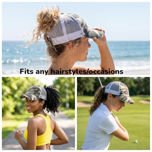 Grey Camo Fabric Women's Ponytail Messy Bun Hat - Unconstructed Distressed Baseball Cap - Variation 0002