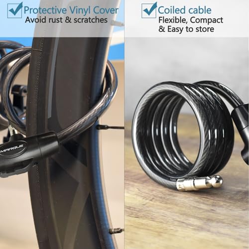 MARQUE Bike Lock with Key - 4 Ft Coiled Cable, Anti-Theft Security Cable for Bicycles, Scooters, Kayaks, Gates