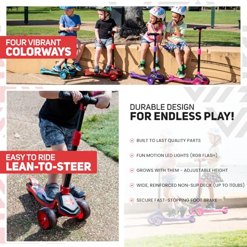 Vital Tyke 3 Wheel Toddler Scooter with LED Wheels - Foldable, Adjustable Handlebar & Removable Seat for Kids 3-7, Up to 110lbs - Red