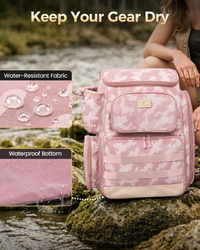 Pink Camouflage Fishing Backpack with 4 Tackle Boxes and Insulated Cooler