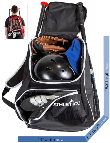 Black Athletico Baseball Bag Backpack for Youth & Adults with Shoe Compartment