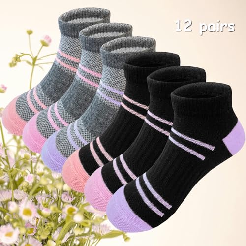 Girls Ankle Socks 12 Pairs Low Cut Athletic Cotton Sports Socks for Little Kids