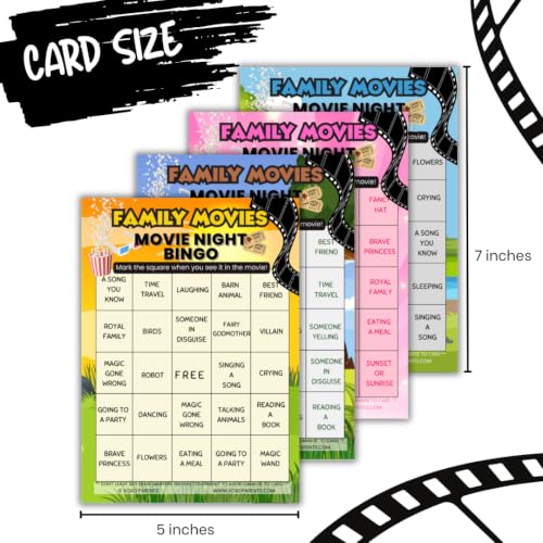 Family Movie Night Bingo Cards Set - Reusable Game Supplies, 4-Pack - Family