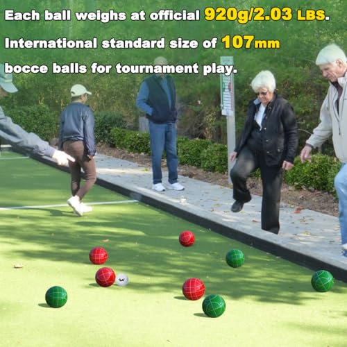 Regulation Size Bocce Ball Set with Red and Green 107mm Resin Balls - Includes Pallino & Carrying Bag