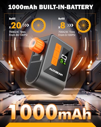 Auxbeam Amber Tiny Electric Bike Pump with Gauge - Portable 120PSI Bicycle Inflation for Road, Mountain & E-Bikes