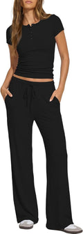 Darong Women's 2-Piece Lounge Set - Summer Short Sleeve Henley & Wide Leg Pants | Travel Outfit