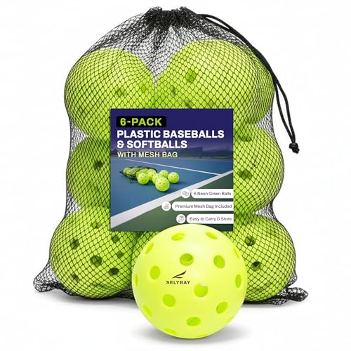 9 Inch Plastic Baseballs for Tee Ball & Hitting Practice - 6 Pack with Mesh Bag