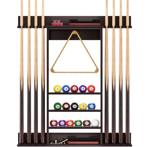 Dark Brown Bamboo Pool Cue Rack Wall Mounted for 8 Cues and Accessories