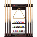 Dark Brown Bamboo Pool Cue Rack Wall Mounted for 8 Cues and Accessories