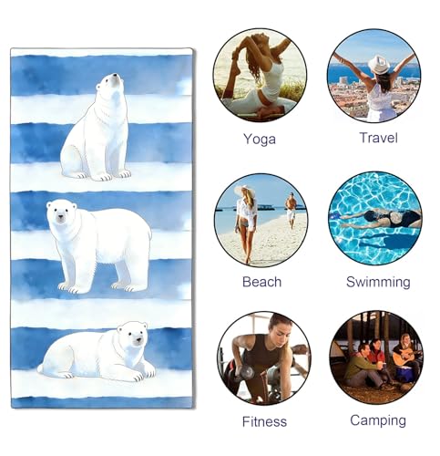 Oversized Polar Bear Beach Towel 36x72 Watercolor Stripe Microfiber Quick Dry