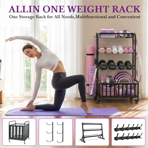 Heavy Duty Dumbbell Rack with Wheels & Hooks - Adjustable Home Gym Storage Organizer