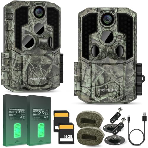 WOSPORTS Dark Green 56MP 4K Trail Camera - Rechargeable, No Glow Night Vision, 120° Wide Lens, 2-Pack