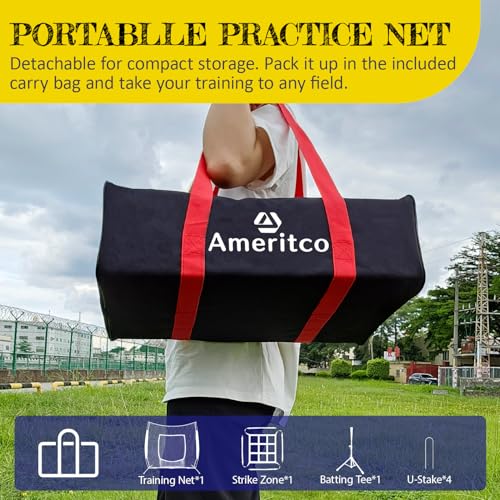Ameritco Black 7x7ft Baseball Practice Net with Target and Tee for Hitting Pitching and Batting
