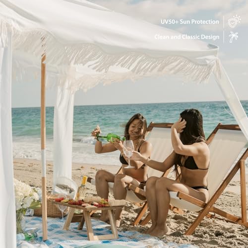 White Fringe Beach Cabana with Wood Poles | 7x7 ft Boho Canopy, UV Protection, Easy Setup