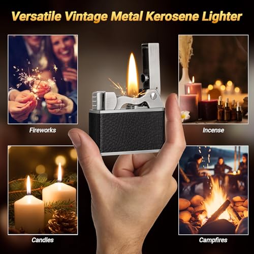 Vintage Kerosene Lighter with Windproof Soft Flame, Leather & Metal Design, Refillable Pocket Torch, Gift for Men