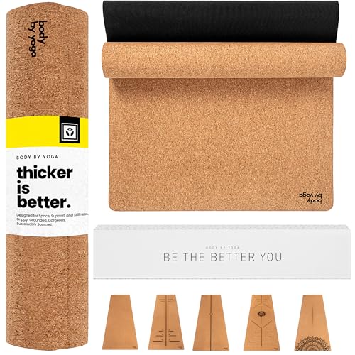 Body By Yoga Extra Thick Cork Yoga Mat 80x26in Non Slip Eco-Friendly with Alignment Lines - Classic