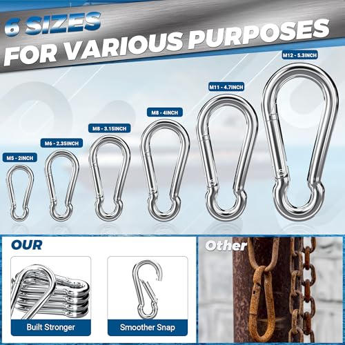 5 Pack 5.3 Inch Marine-Grade Stainless Steel Carabiner Clips Heavy Duty Snap Hooks