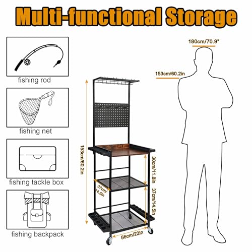 Heavy Duty 3-Tier Fishing Rod Storage Rack with Pegboard and Hooks