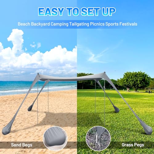 Gray 10x10FT Family Beach Tent Canopy Sun Shade with 4 Poles, Portable & Waterproof