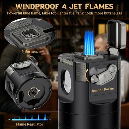 Black 8-in-1 Desktop Cigar Lighter Kit with Torch, Cutter, Punch & Ashtrays
