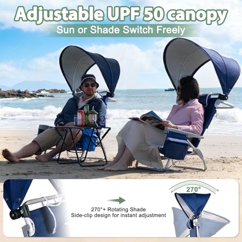 Romswi Navy Blue Extra Wide Beach Chair with Canopy & Cooler Bag - Foldable, Adjustable, 5-Position Recline