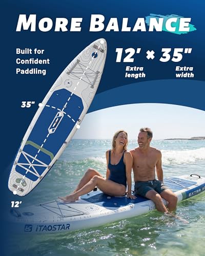 iTAOSTAR Gray Blue 12'×35/39" Inflatable Stand Up Paddle Board with Seat, Wide Stable SUP for Lakes Oceans & Family Fun