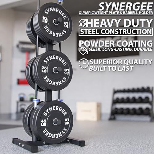 Synergee Olympic Plate & Barbell Storage Rack - Heavy Duty Vertical Weight Holder