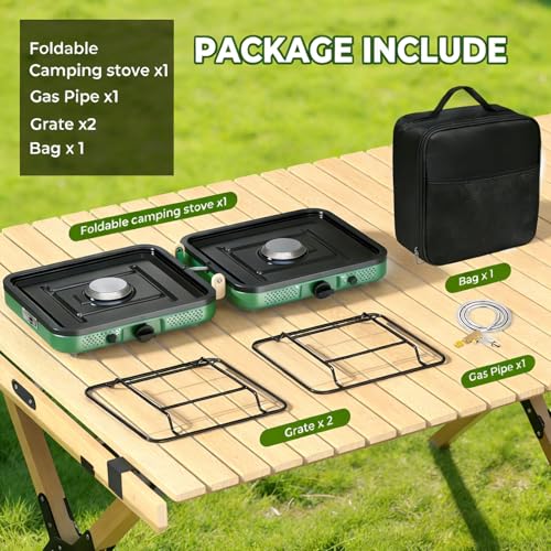Portable Double Burner Camping Stove with Carrying Bag - 10,000 BTU Foldable Gas Stove