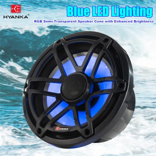 H YANKA Black Marine 6.5-Inch Speakers with 750W Power, IP67 Waterproof, Blue LED Pair