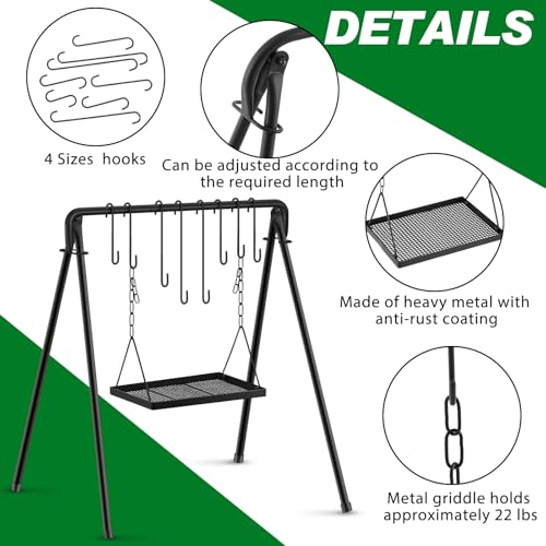 Rossesay Medium Tray Campfire Swing Grill Stand with 8 Hooks & Adjustable Cooking Surface